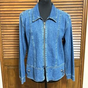 Christopher & Banks Embroidered Accent Full Zip Peplum Jean Jacket Size L
